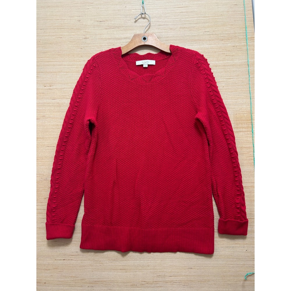 LOFT Red Scalloped‎ Crew Neck Textured Cable Knit Pom Pom Sweater Womens Small